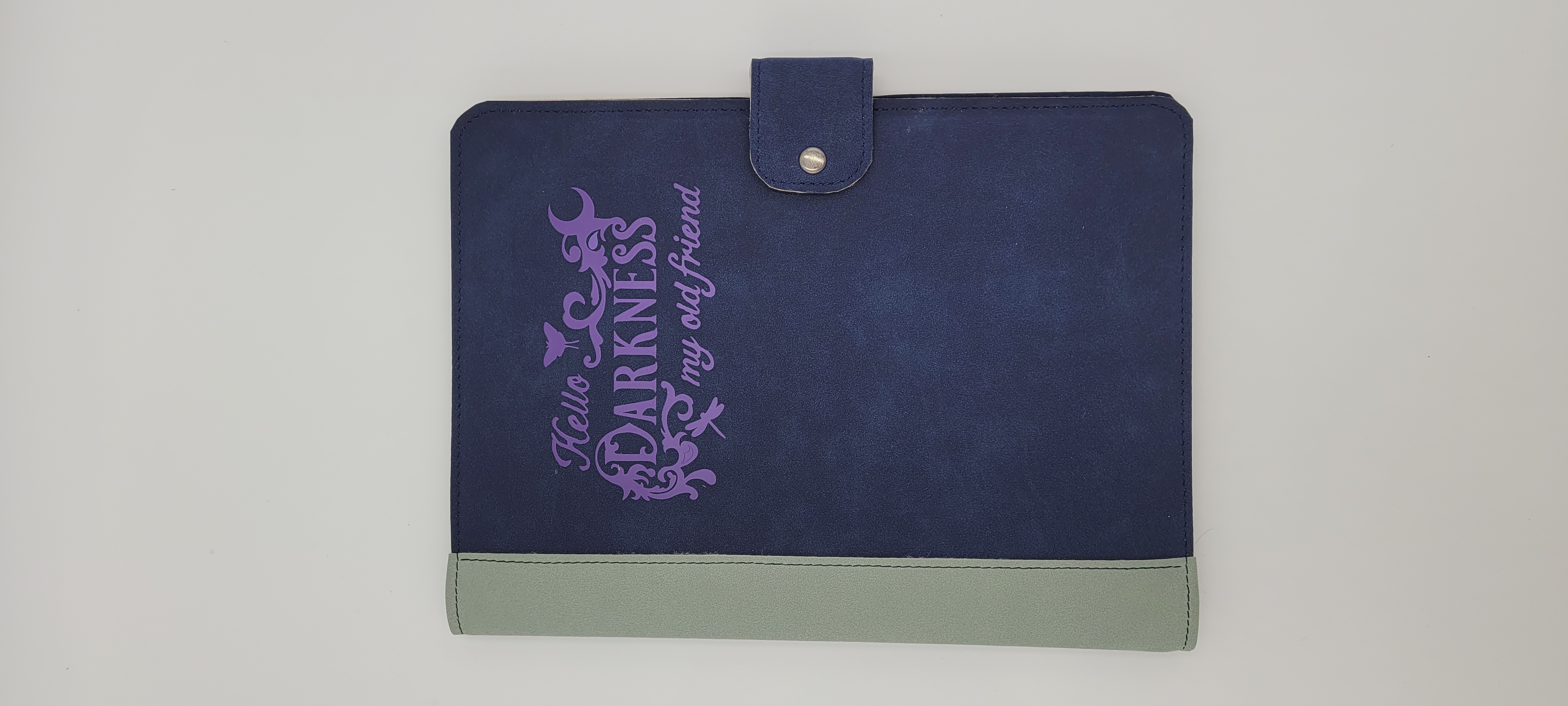 Journal Cover, Notebook Cover, Faux Suede, Dark Blue with Grey Accent, Purple Title 