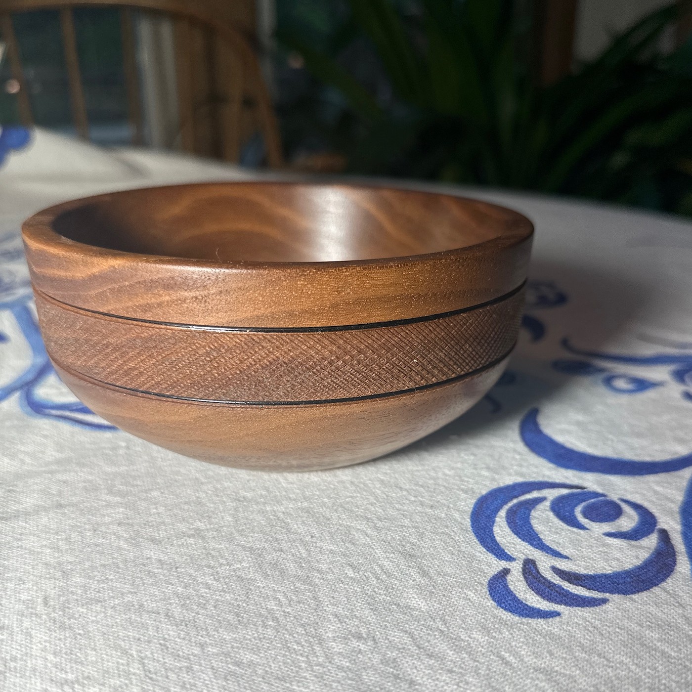 Walnut Bowl with Textured Band Approx 2 1/2" tall 5 3/4" diameter.
