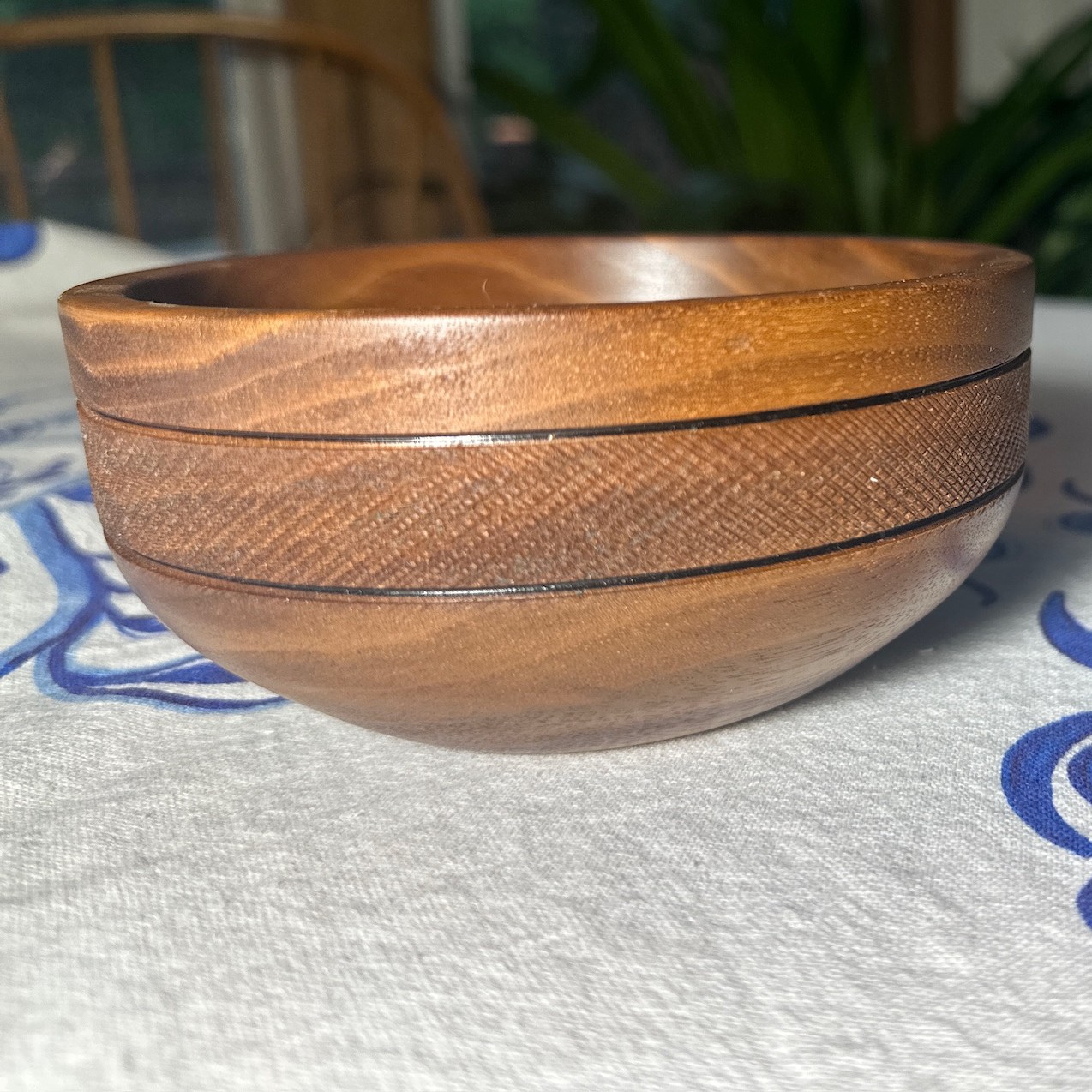 Walnut Bowl with Textured Band Approx 2 1/2" tall 5 3/4" diameter.