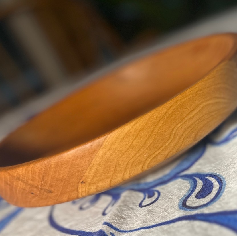 Cherry flat bowl, perfect for chips. Approx 1 7/8" tall and 8 1/2" diameter.