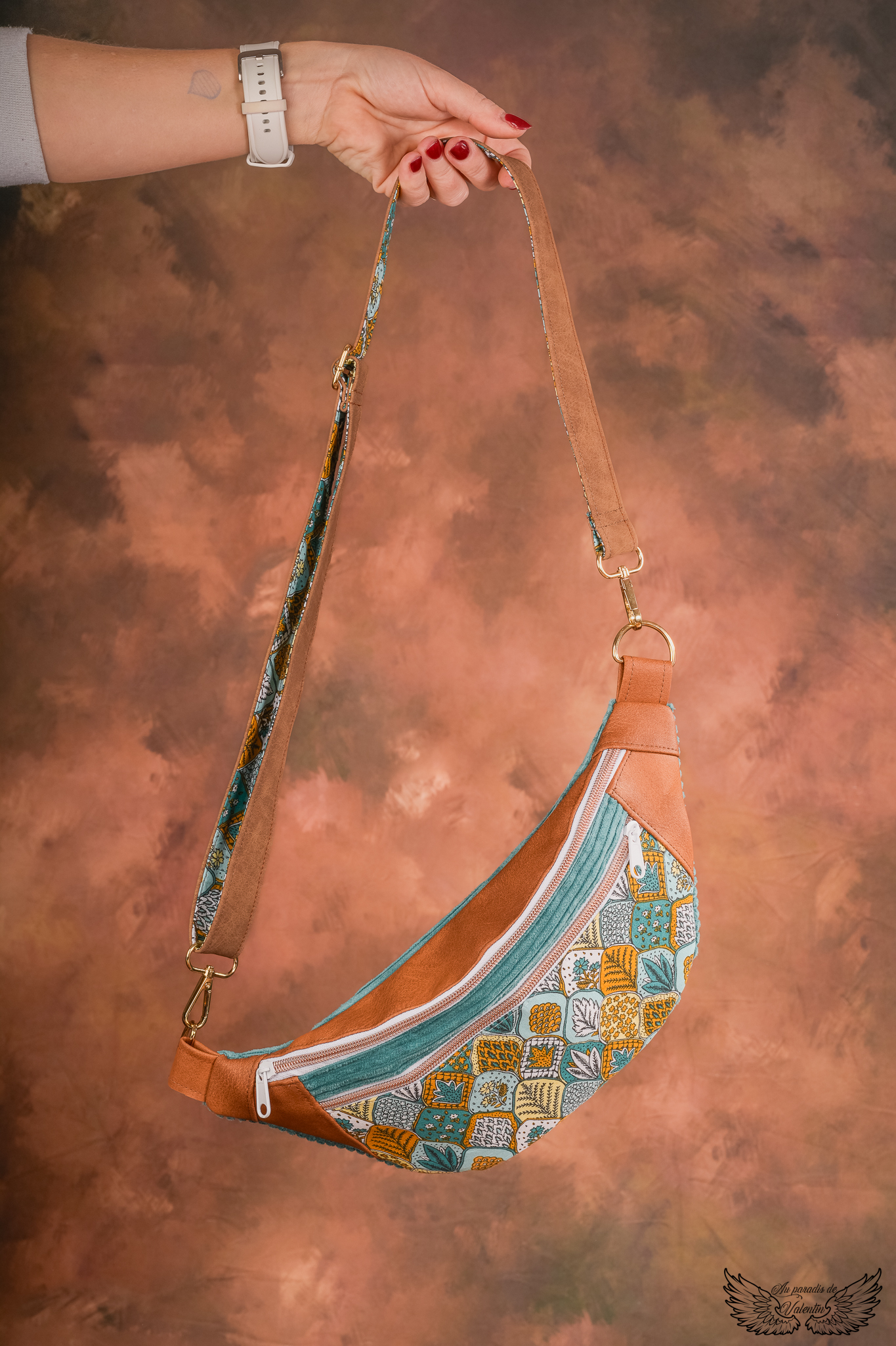 Sac banane motif "végétal bleu et ocre"