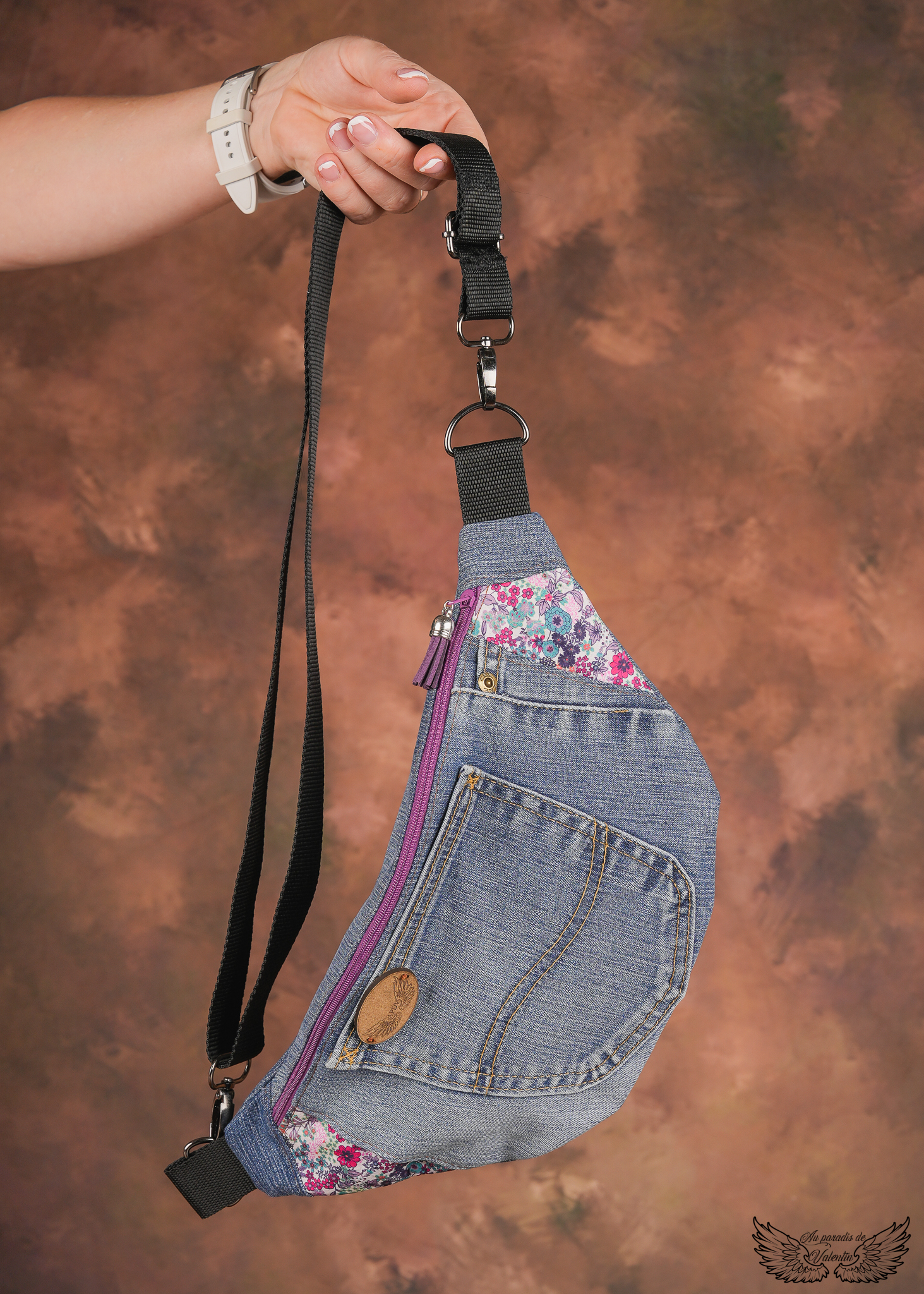 Sac banane jean/liberty fleurs roses