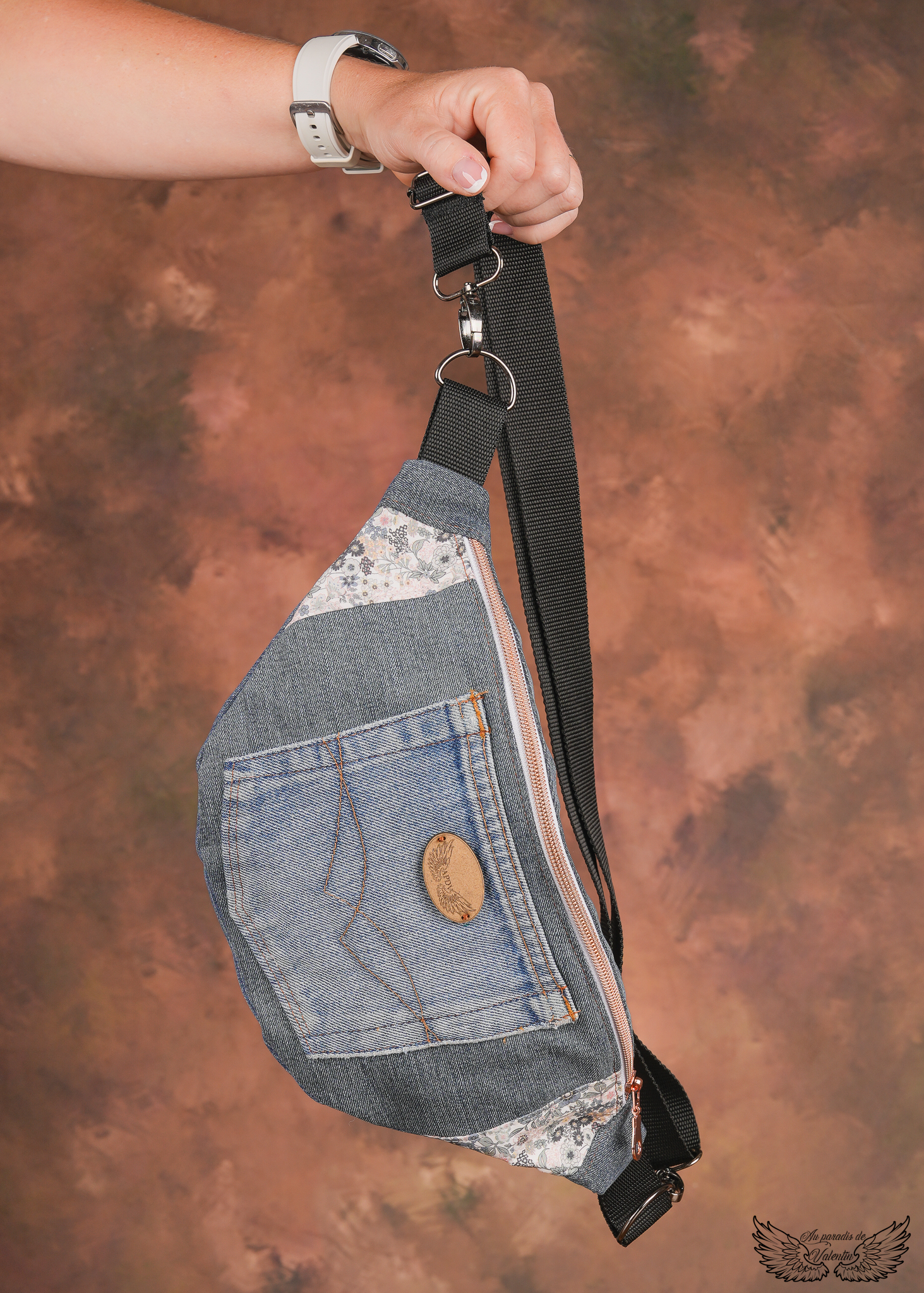 Sac banane jean/liberty fleurs bleues