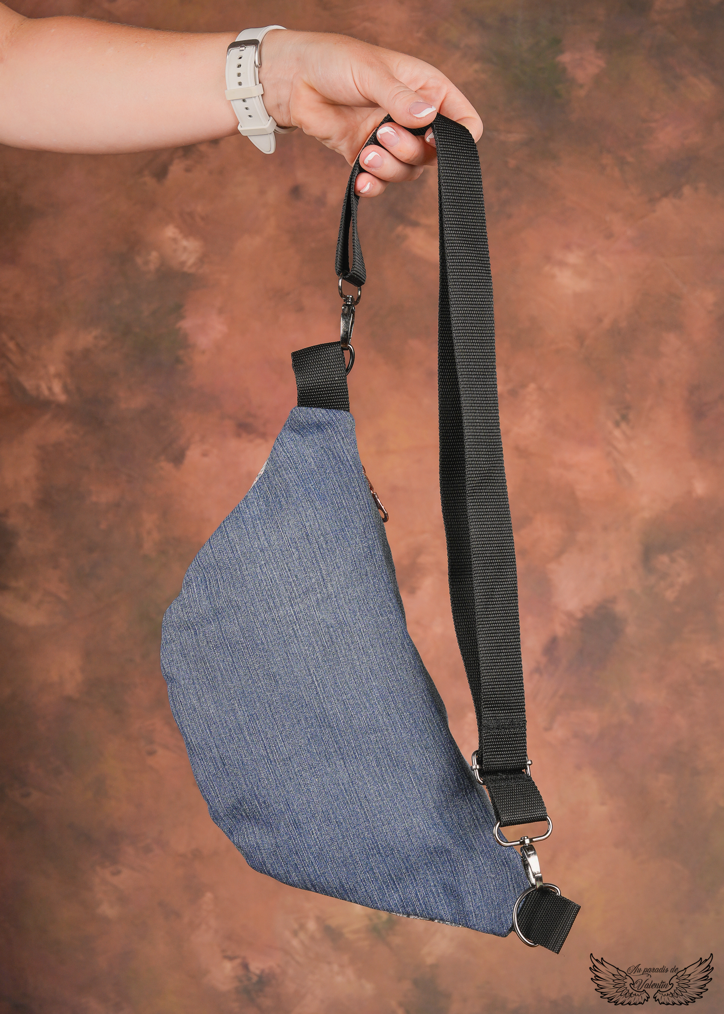 Sac banane jean/liberty fleurs bleues