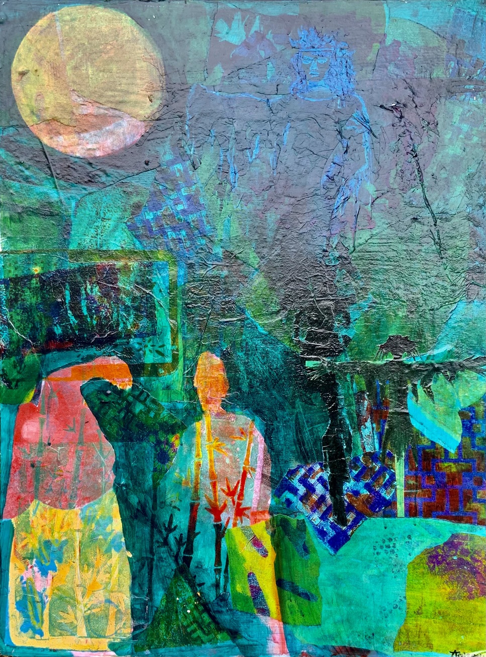 Beware the Forest.  Acrylic, paper on Plywood.  60 x 80cm