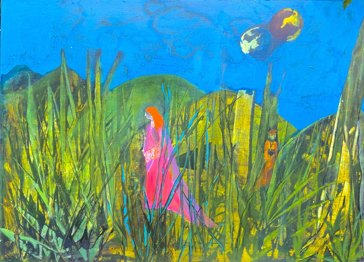 Lady walking in Forest.  Acrylic on plywood. 60 x 80cm