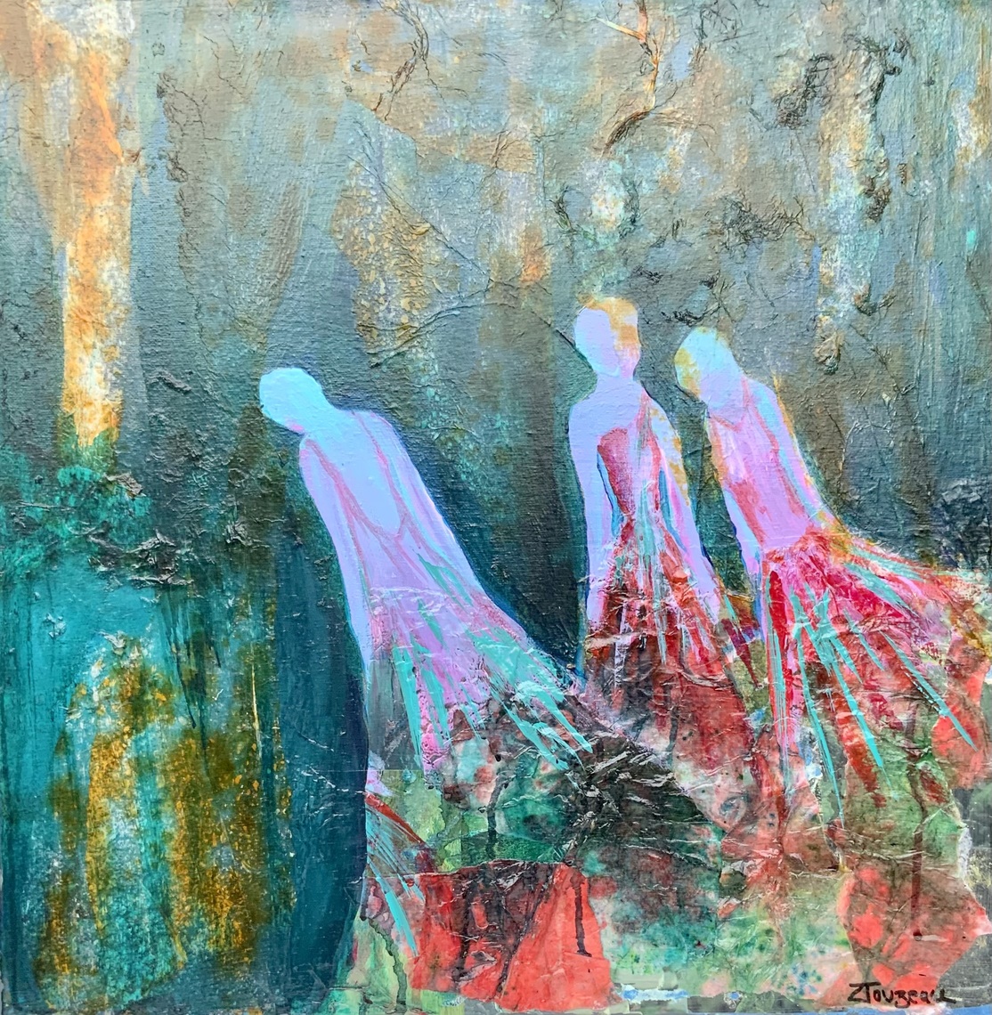 Nymphs .  Acrylic and paper on Canvas.  50 x 50cm 