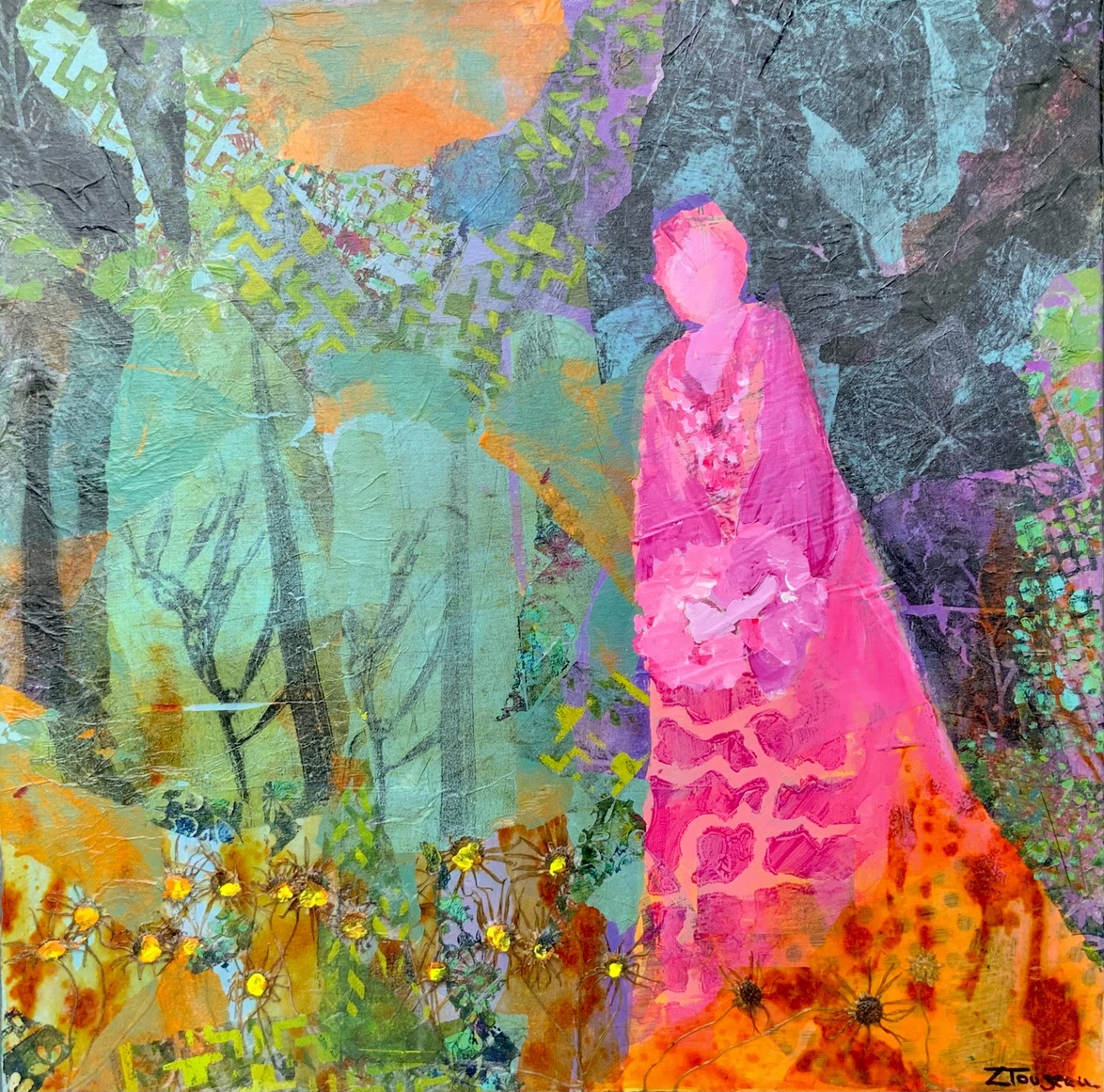 Lady in the Forest. Acrylic, paper, dried flowers on Canvas. 50 x 50cm