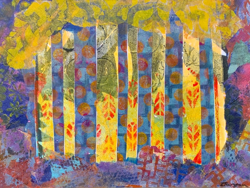 Morning in the Forest. Gelliplate prints.  Paper mounted on MDF. 40 x 30cm