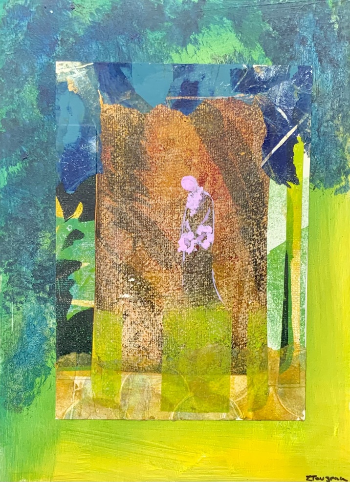 Muse (Lady) in the Forest. Gelliplate prints with acrylic detail.  Paper mounted on MDF. 30 x 40cm