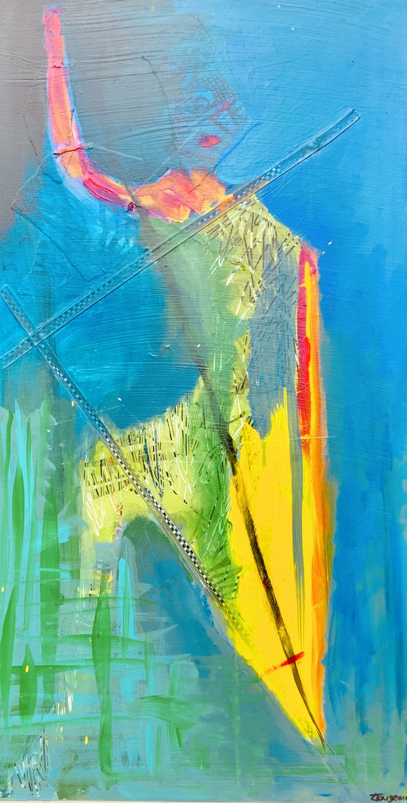 Double Bass Player. Acrylic and assorted paper on ply board. 40 x 70cm