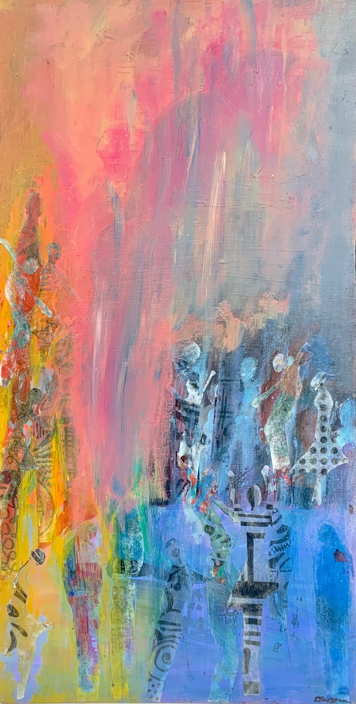 Jazz club. Acrylic, assorted papers on ply board. 80x 40cm