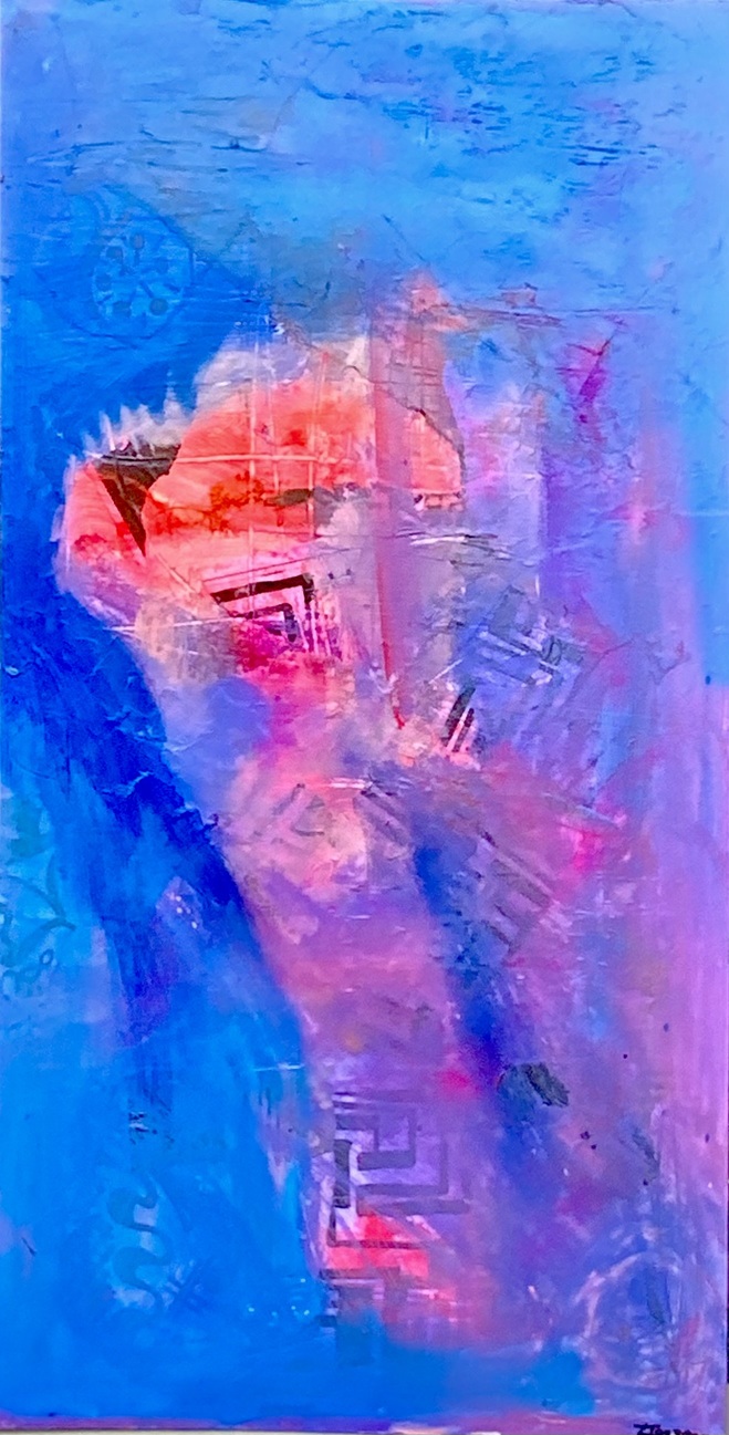 Saxophone player. Acrylic, shirted papers on ply boards 40 x 70cm