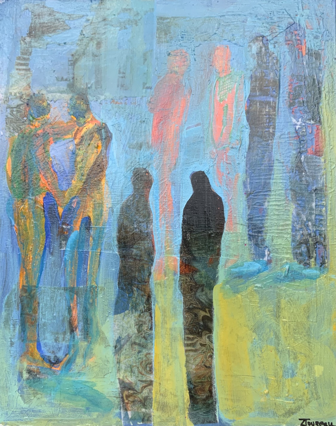 At the Club. Acrylic, assorted papers on canvas