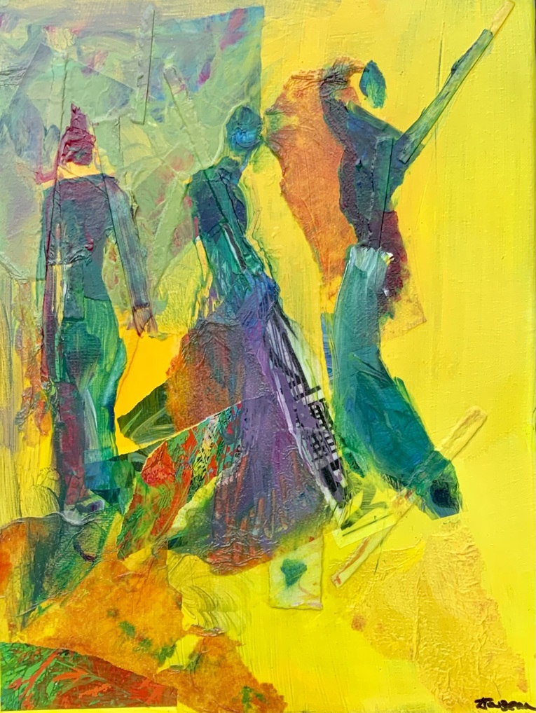 Dancing. Acrylic, assorted papers on canvas. 30 x 40cm