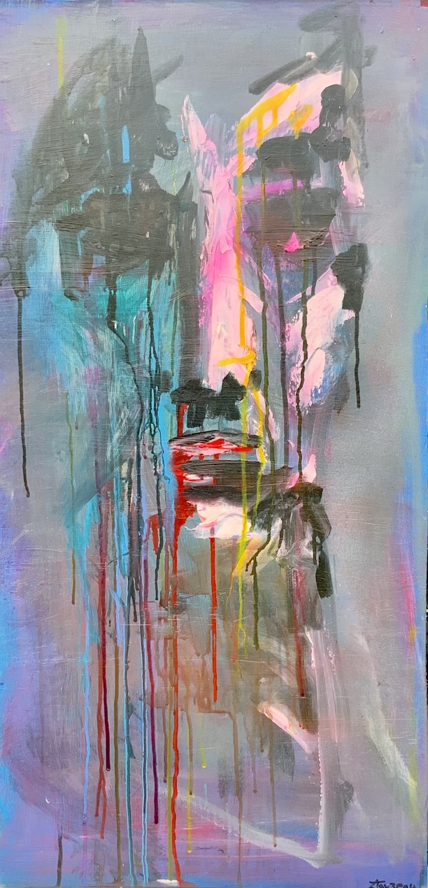 Sweating Lockdown. Acrylics, inks on board. 80 x 40cm