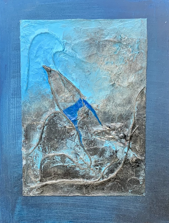 Blue man. Acrylic, assorted papers, string. Paper mounted on MDF. 30 x 40cm