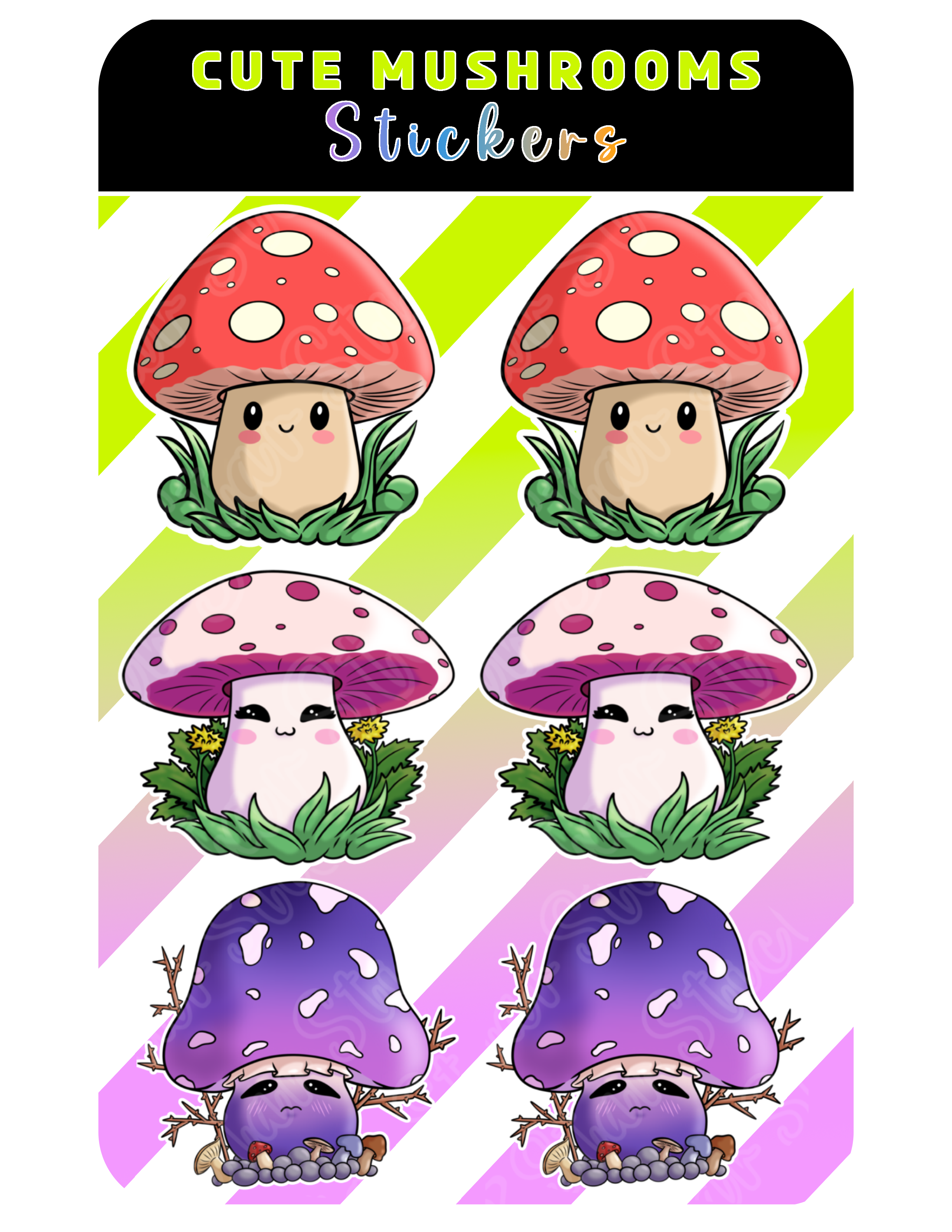 Cute Mushroom Sticker Sheet version 2  3.7" x 5.5"