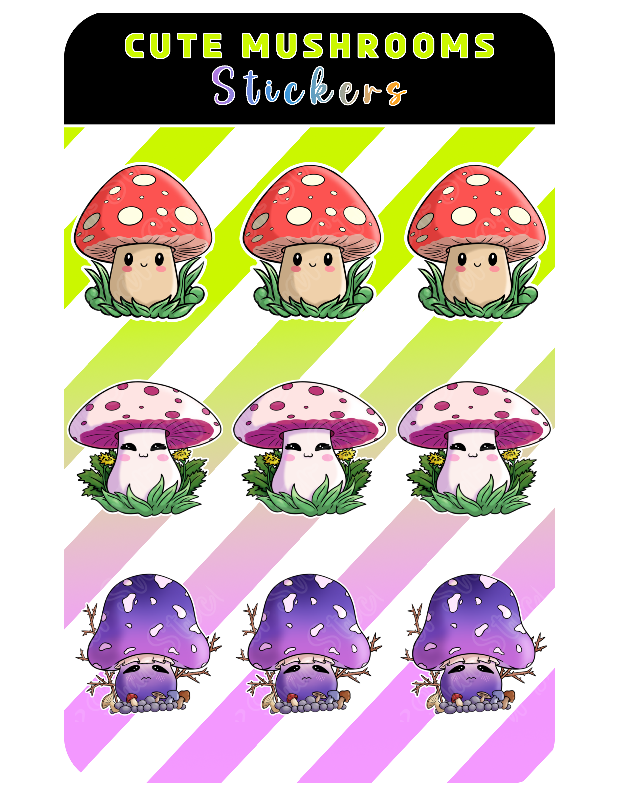 Cute Mushroom Sticker Sheet  3.7" x 5.5"