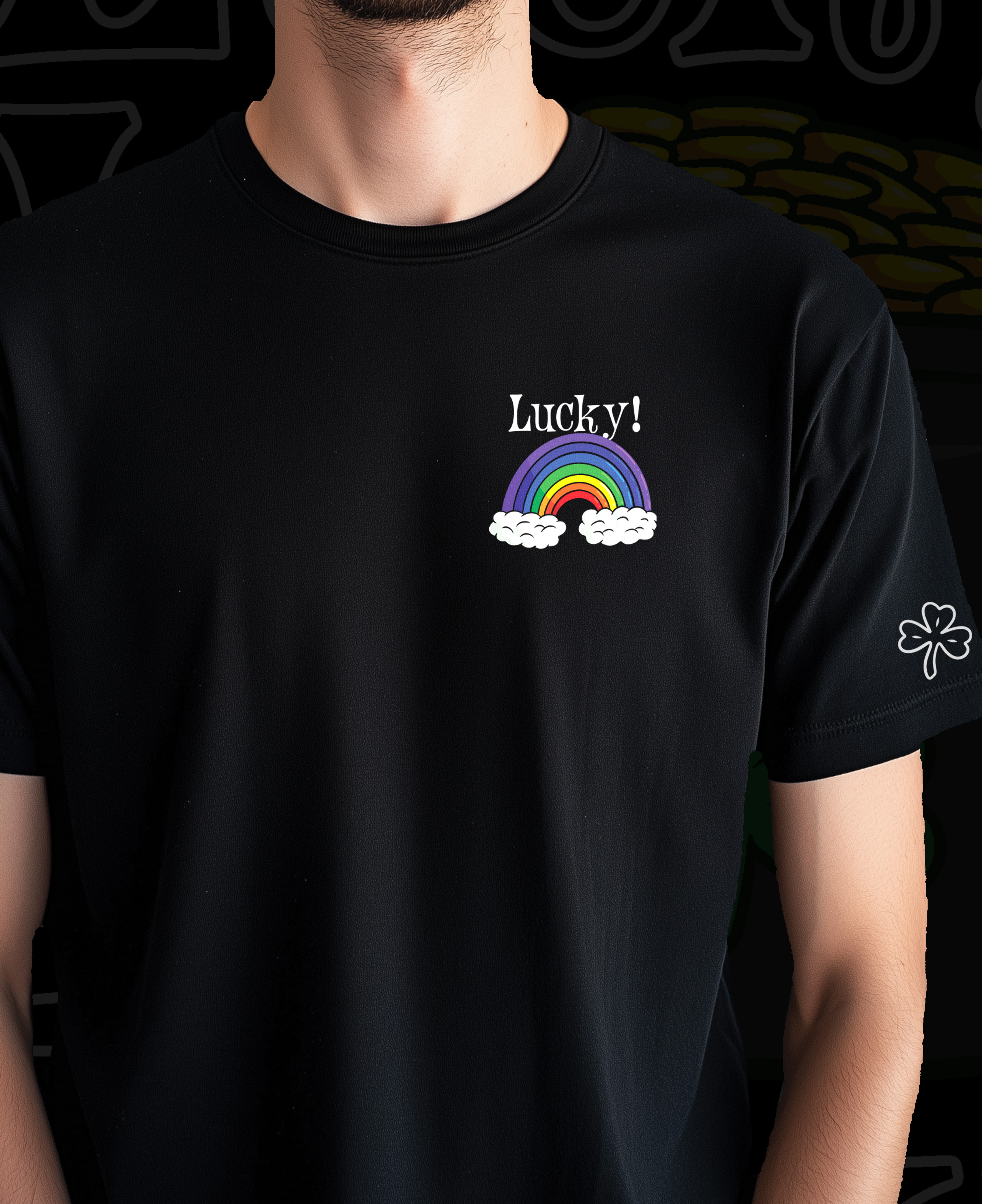 Lucky Pot Of Gold Graphic Cotton Black T Shirt Crew Neck