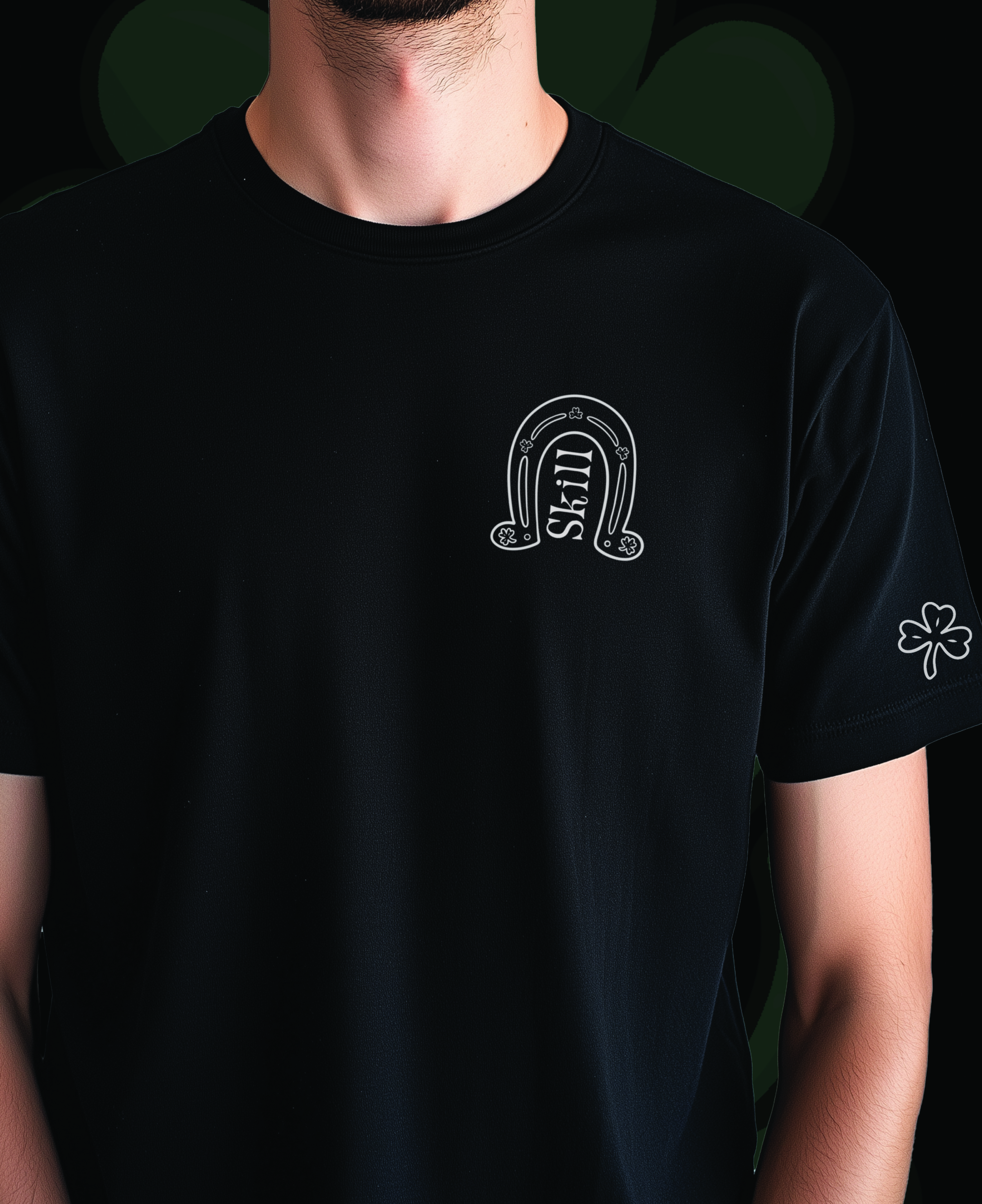 Black T-Shirt with Horseshoe and Clover Design Cotton Crewneck Streetwear Saint Patrick's Day