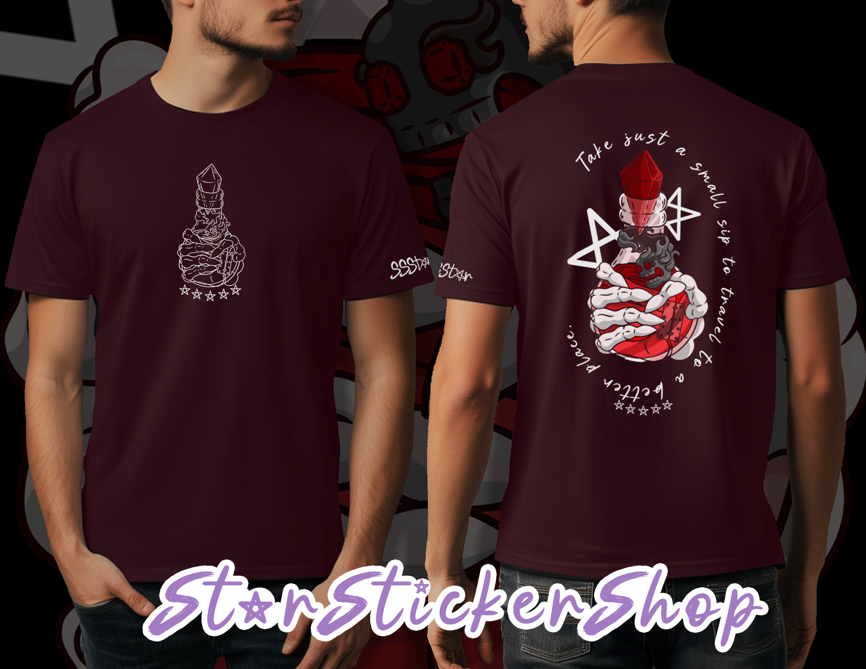 Take Just a sip to travel to a better place Tee Shirt Red Potion with Stars