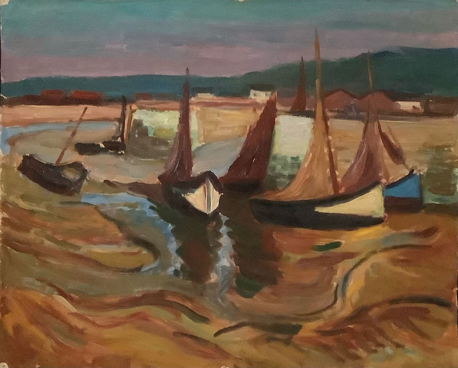 Sortie de port vue par Léonard Bordes (1898-1969), peintre postimpressionniste de l'école de Rouen.