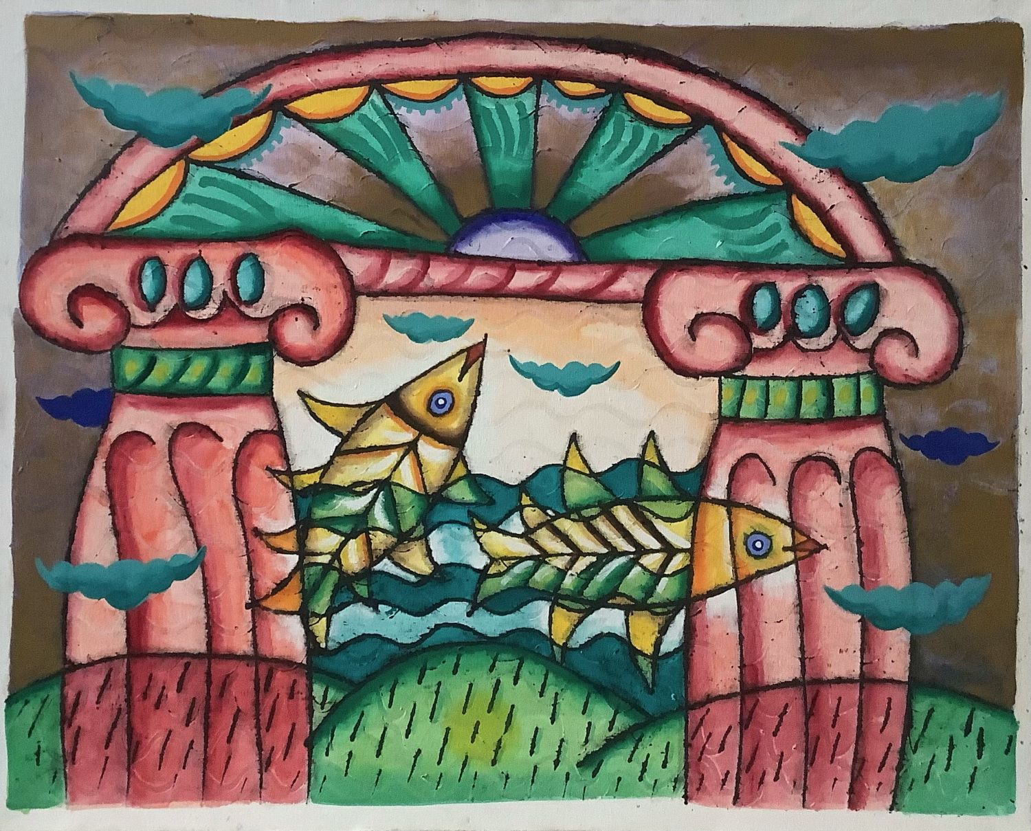 Portique et poissons. Figuration libre, œuvre non signée.