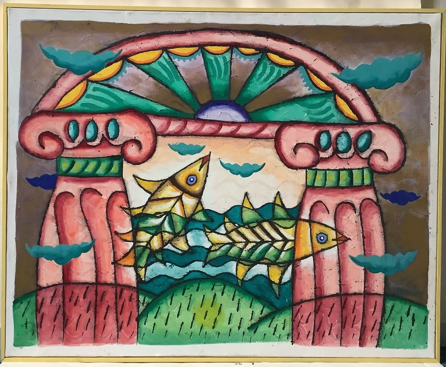 Portique et poissons. Figuration libre, œuvre non signée.