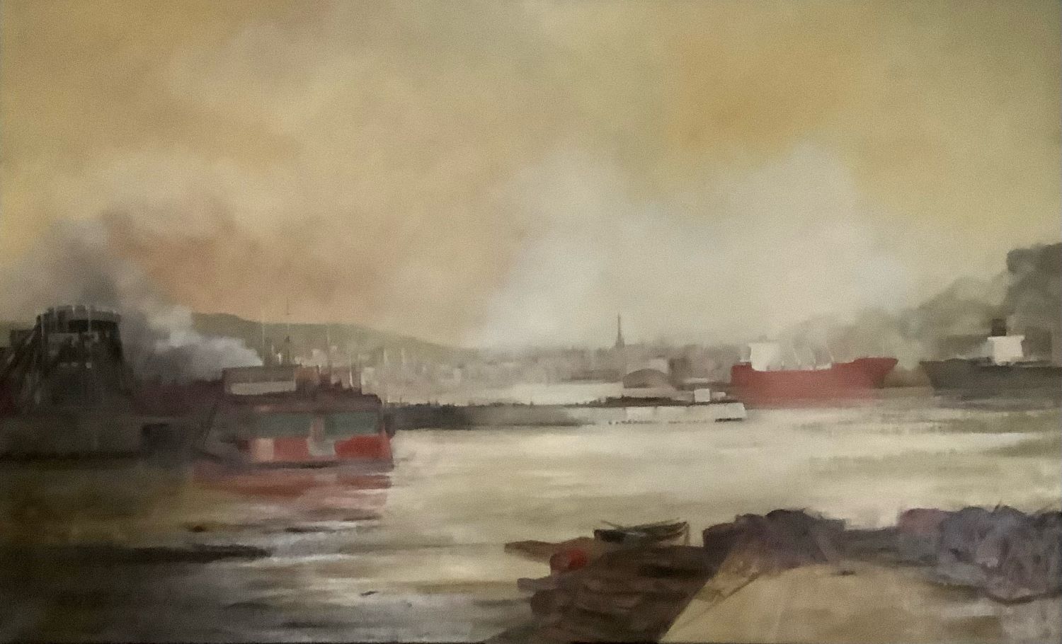 Spectaculaire vue du port de Rouen en grand format de Pierre Gautiez (1923-2006).