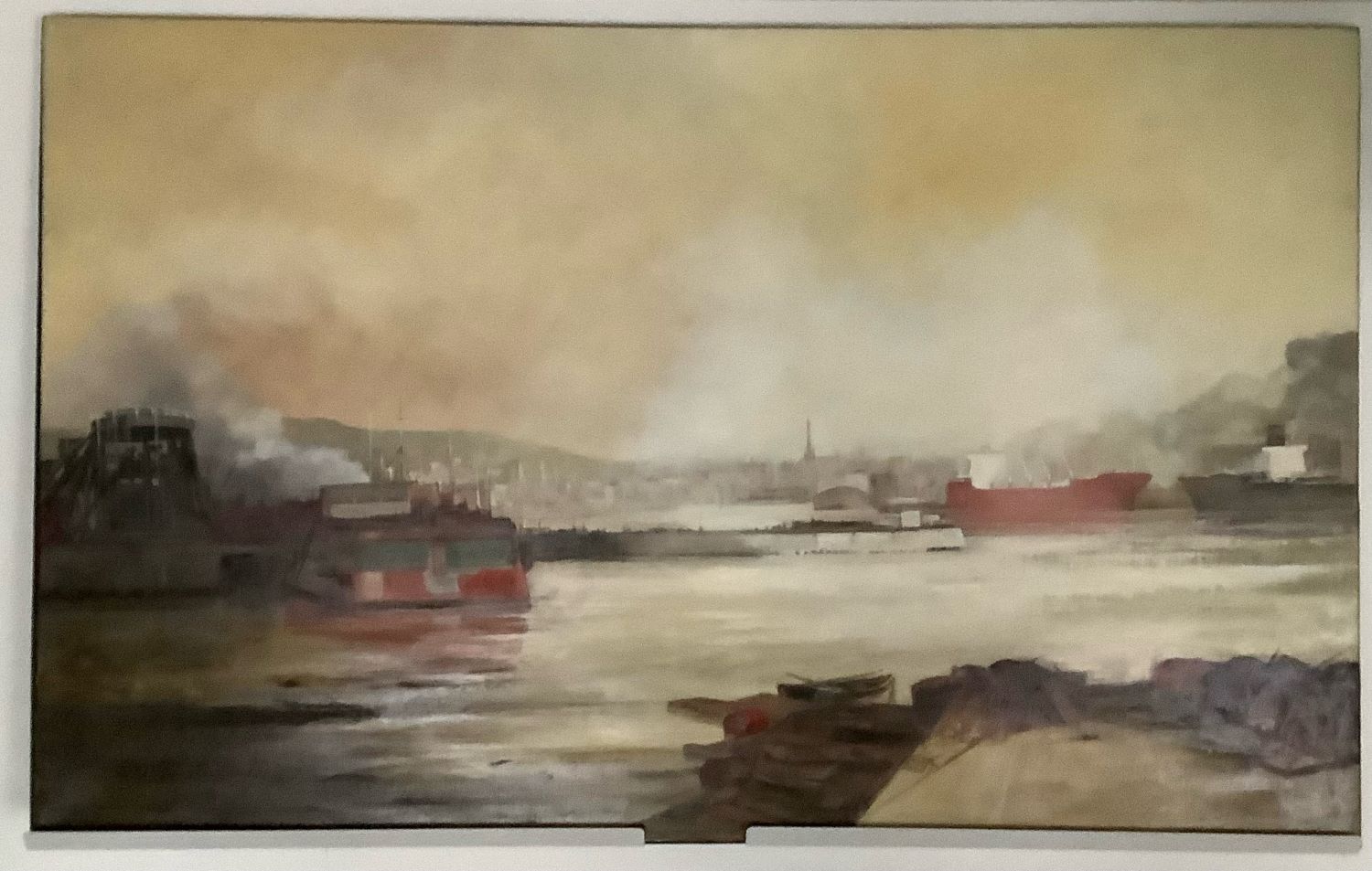 Spectaculaire vue du port de Rouen en grand format de Pierre Gautiez (1923-2006). 