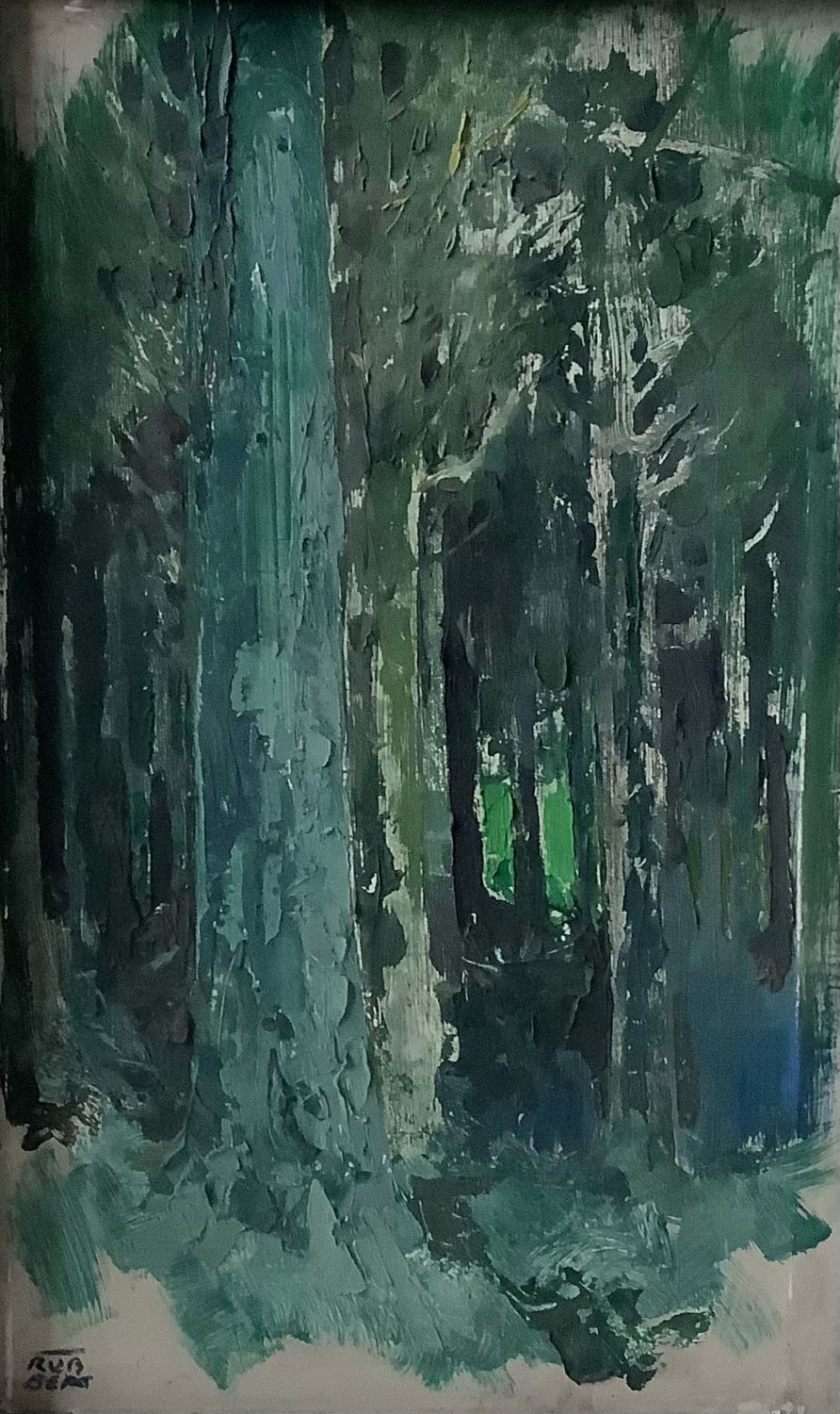 Sous-bois en clair-obscur, presque abstrait, de Robert Béat (1903-1990).