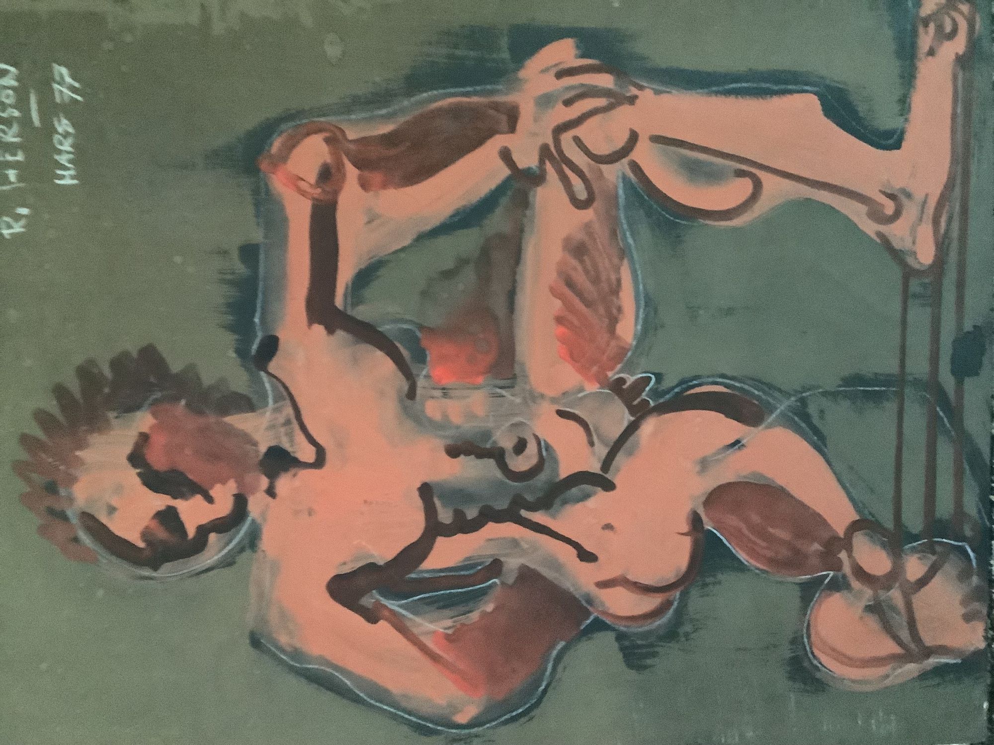 Nu masculin de Roger Herson (1922-2008) daté de 1977. Gouache sur papier. 50 x 40 cm.