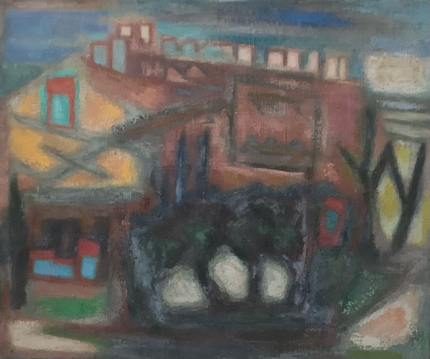 Felicia Pacanowska (1907-2002). Huile sur toile titrée " Saint-Flour " et datée de 1949. 50 x 61 cm. 