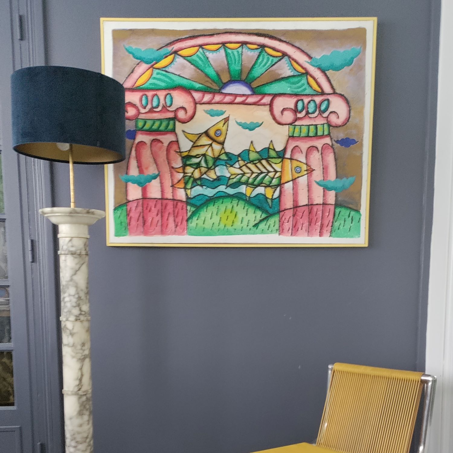 Portique et poissons. Figuration libre, œuvre non signée.