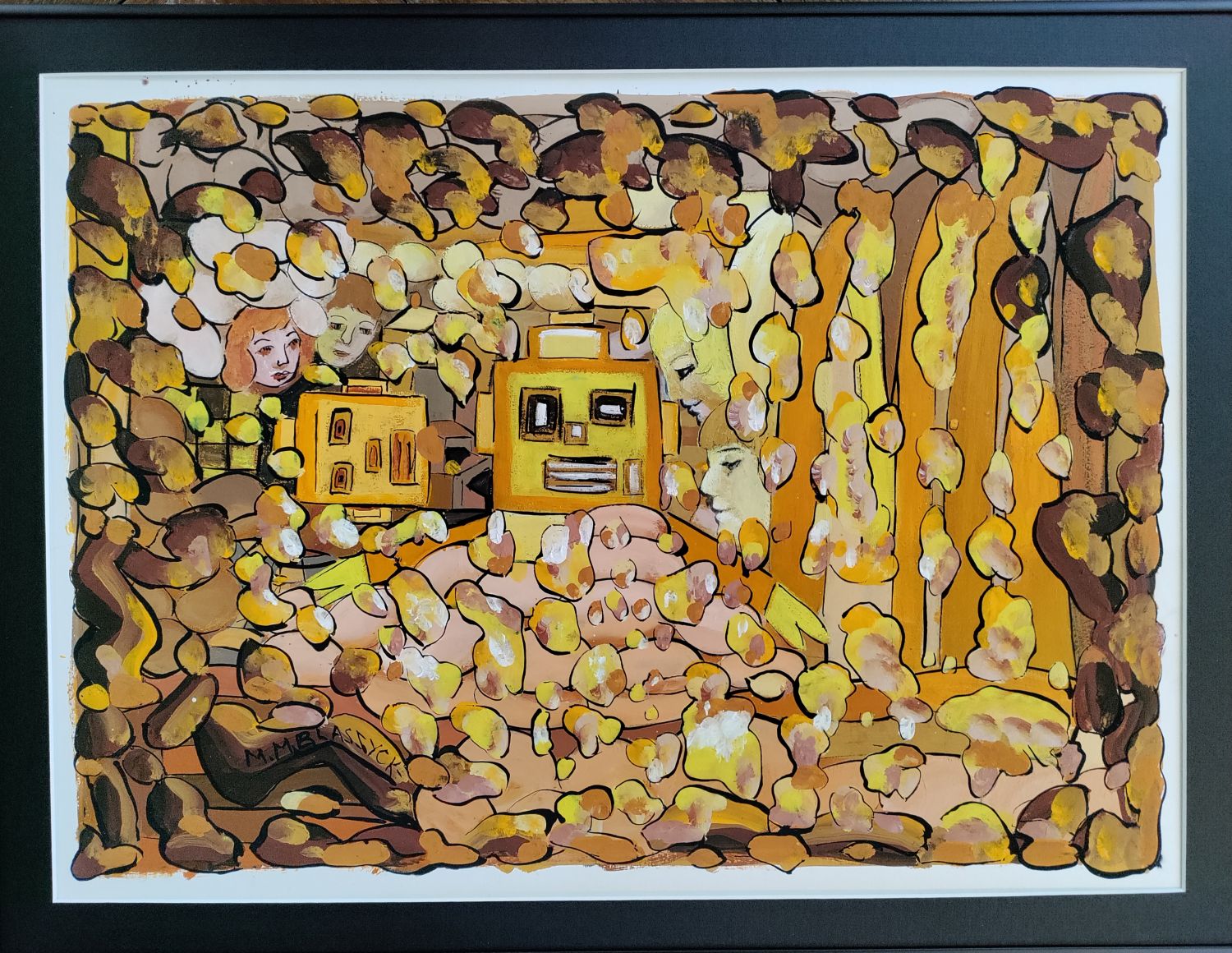 Marie-Madeleine Blaszyck (1904-2003), composition jaune aux personnages. Gouache sur papier. 36 x 51 cm.