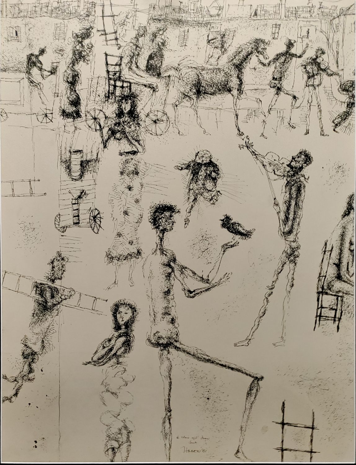 Burt Hasen (1921-2007). Encre sur papier datée de 1961. 63 x 48 cm. Dédicacée à "Claire and Juan".
