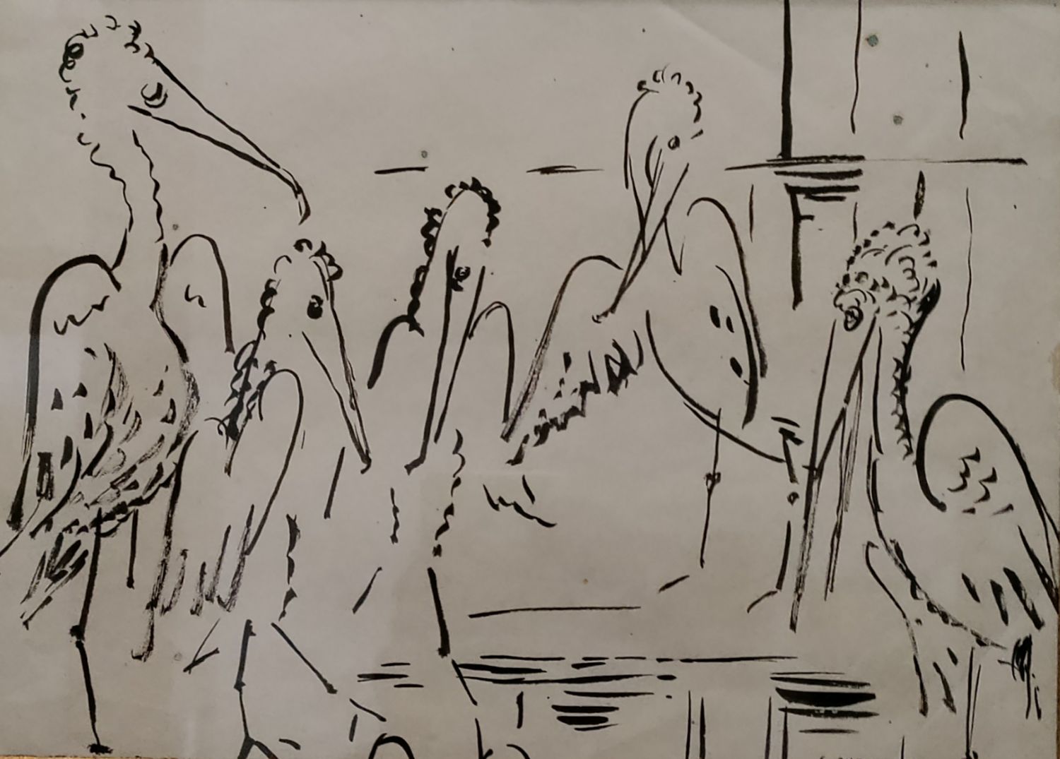 Suzanne Dubouchet (XIXe-XXe). Les pélicans. Etude à l'encre sur papier, 18,4 x 26 cm
