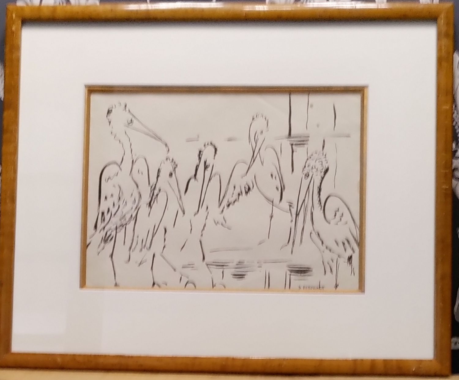 Suzanne Dubouchet (XIXe-XXe). Les pélicans. Etude à l'encre sur papier, 18,4 x 26 cm