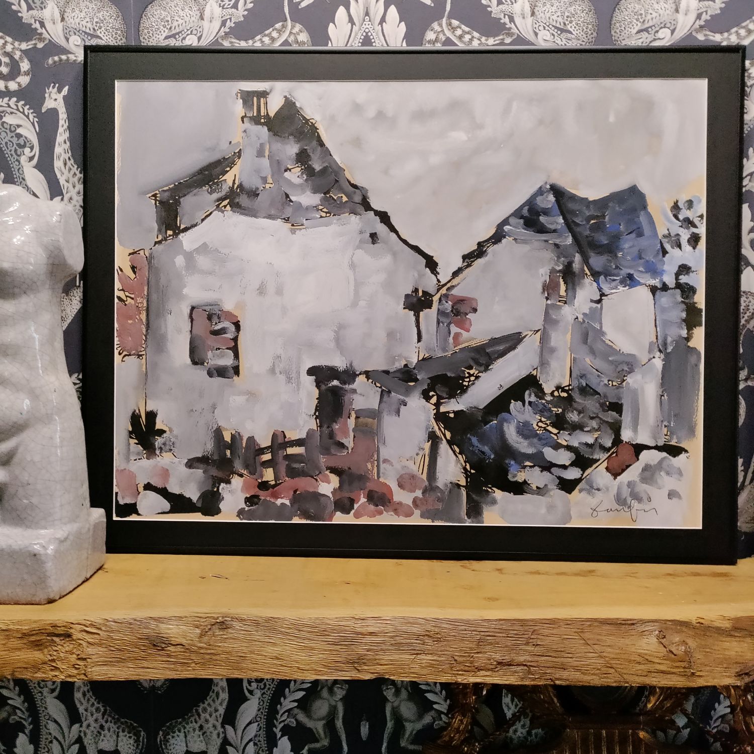 Paysage au maisons. Huile sur papier. 49 x 63 cm. Signature indéchiffrée.