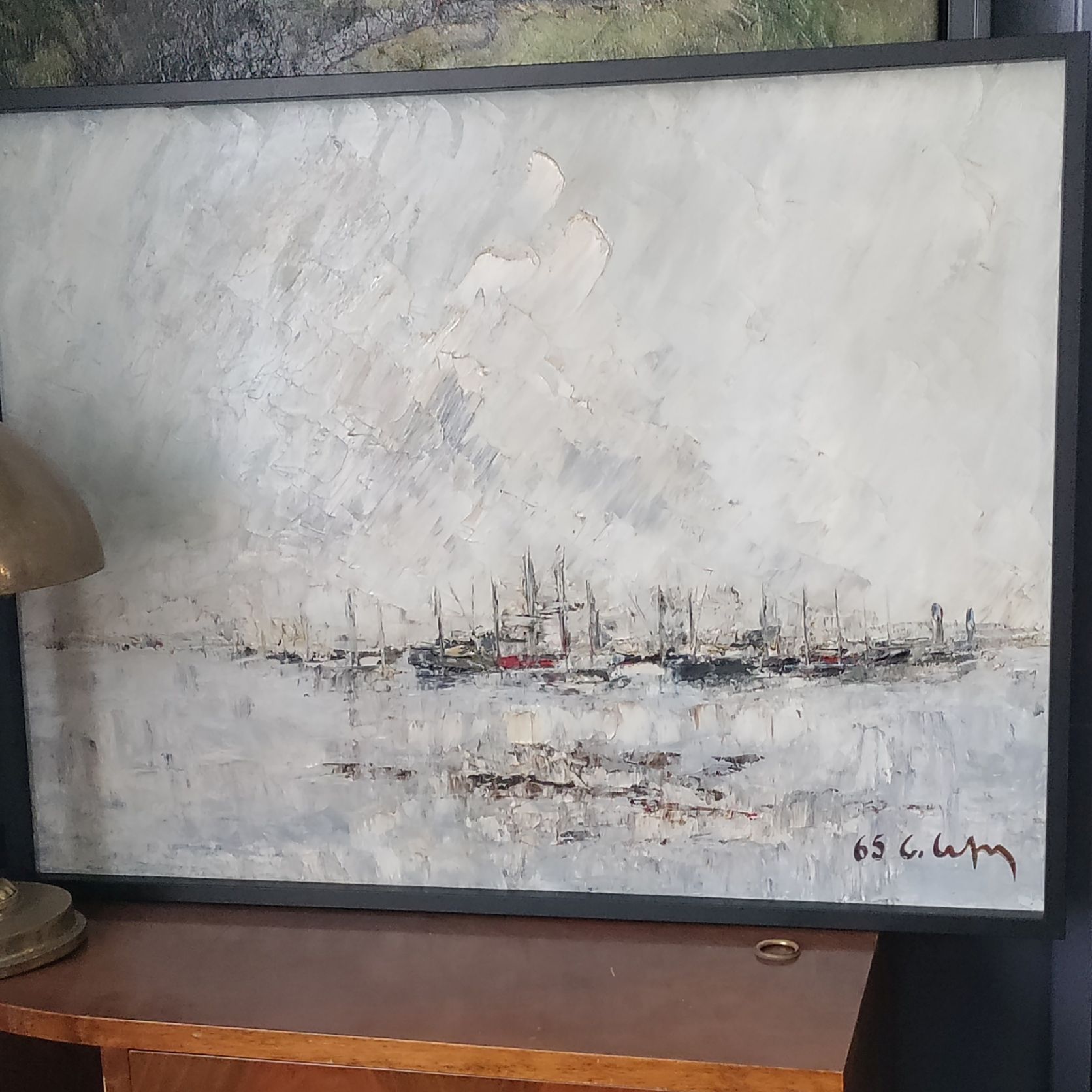 Paysage marin. Huile sur panneau datée de 1965. Signature indéchiffrée. 60 x 80 cm.