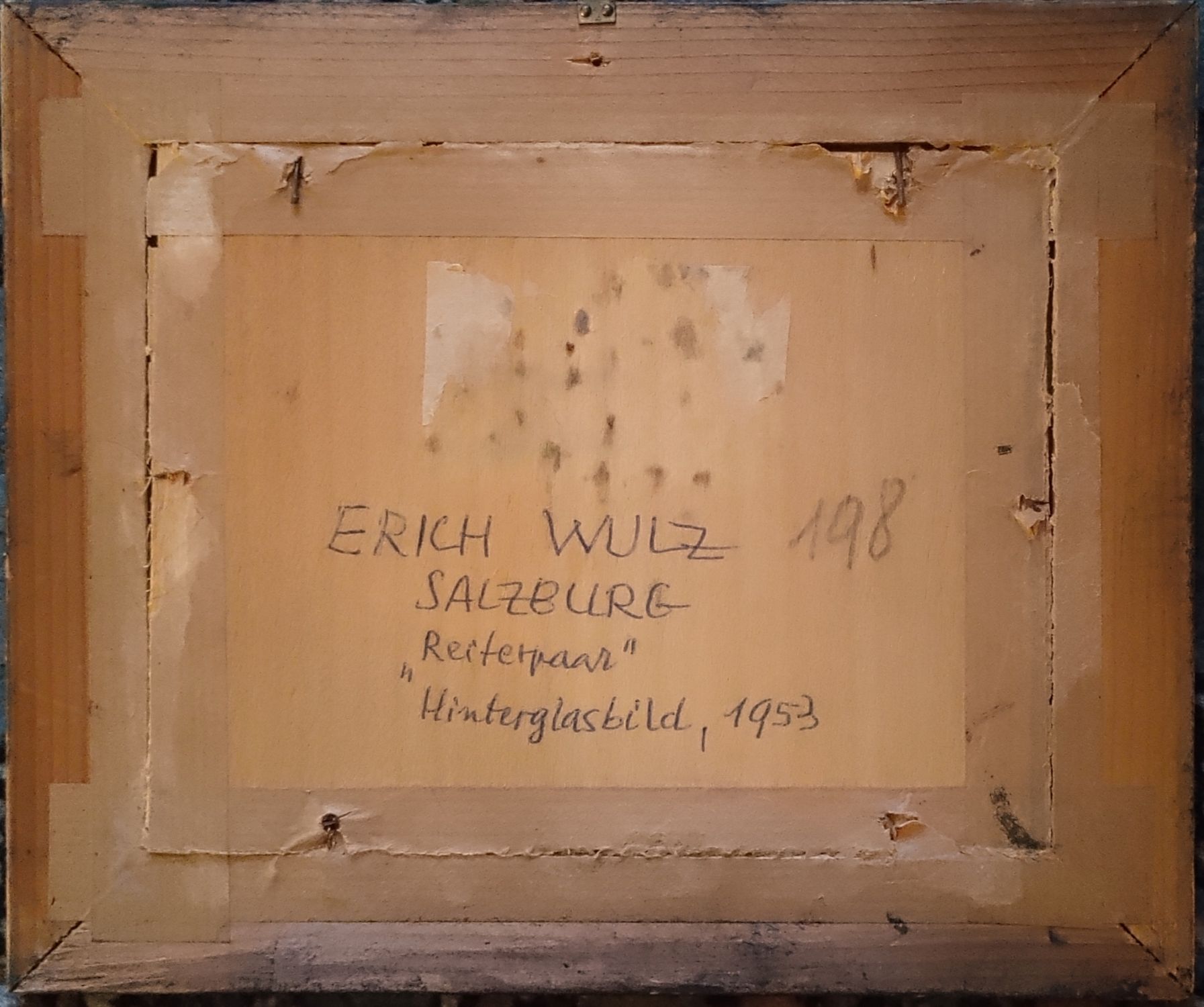 Erich WULZ (1906-1984). Peinture inversée sur verre signée et datée de 1953  au verso et titrée au dos "Salzburg", "Reiterpaar". 11,5 x 15 cm.
