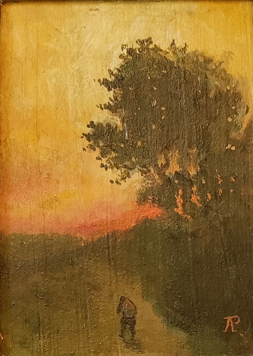 Petit format monogrammé AP.  Huile sur panneau. 14 x 10 cm.