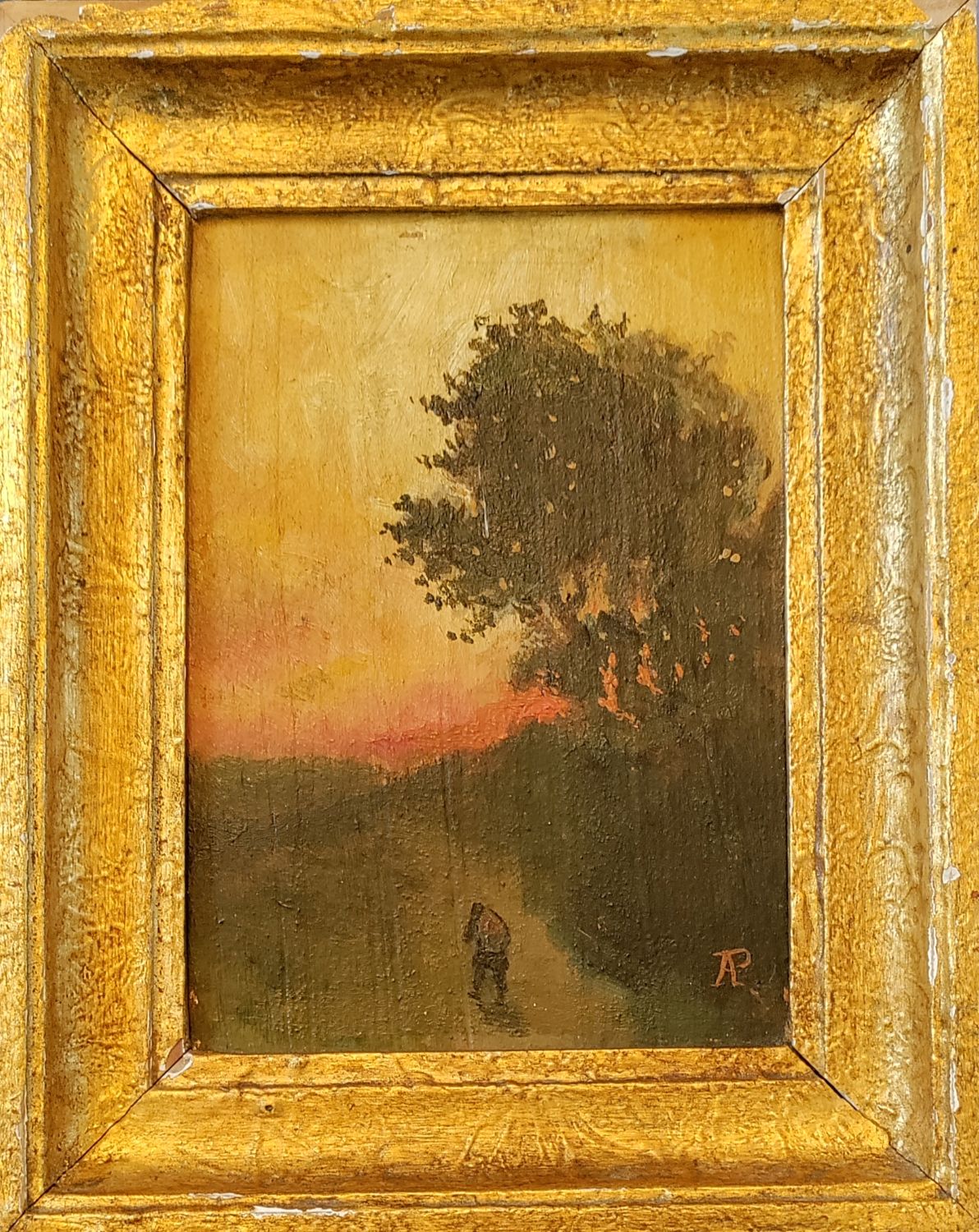 Petit format monogrammé AP.  Huile sur panneau. 14 x 10 cm.