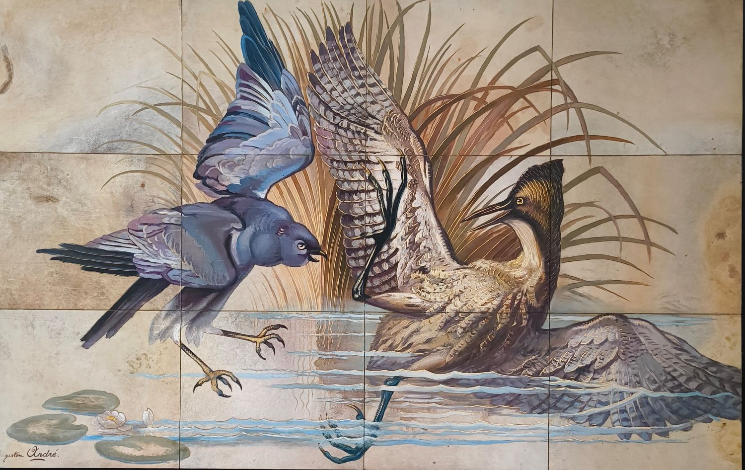 Gaston André (1884-1970). "Busard et butor". Huile sur parchemin (réunion de 12 panneaux). 80 x 125 cm.