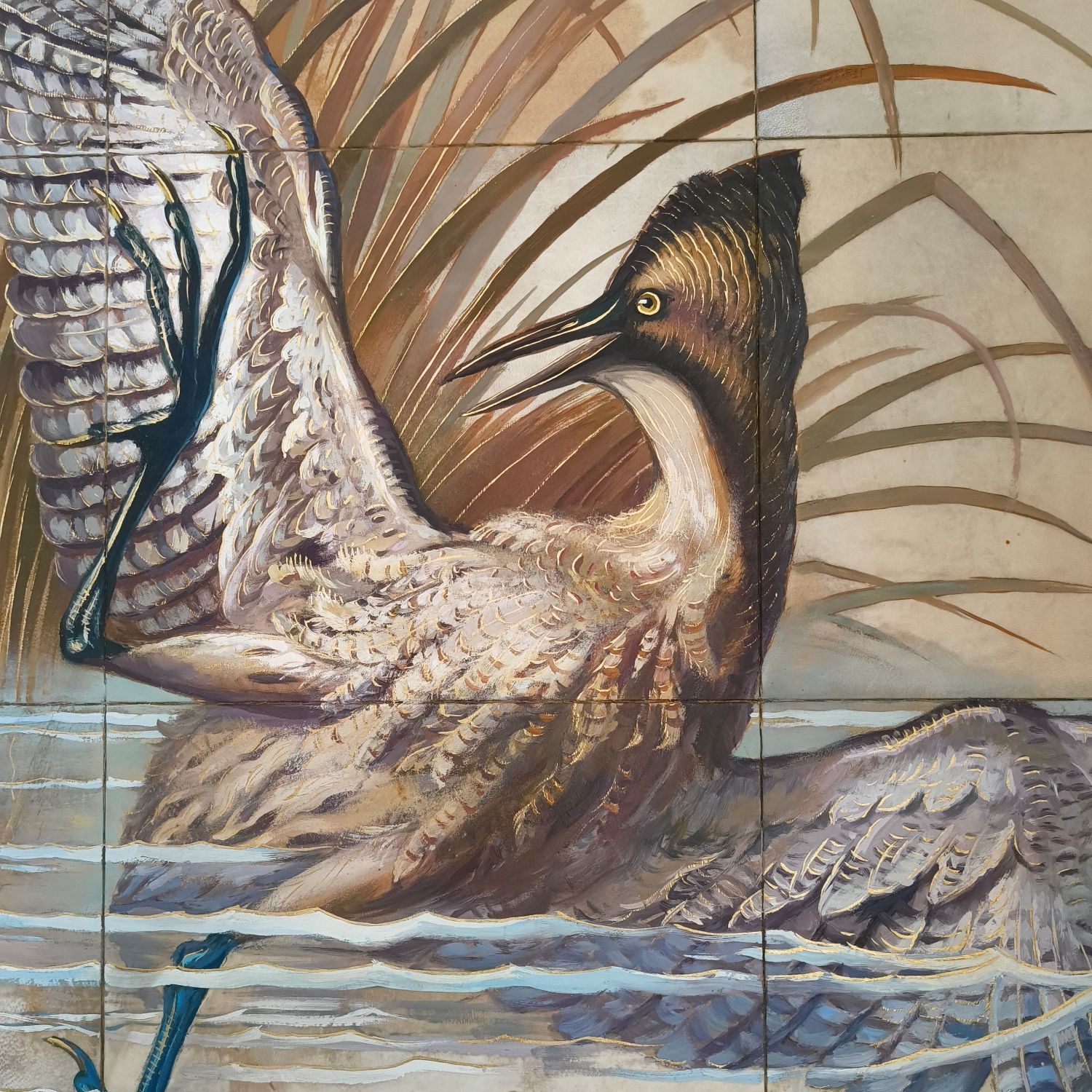 Gaston André (1884-1970). "Busard et butor". Huile sur parchemin (réunion de 12 panneaux). 80 x 125 cm. 