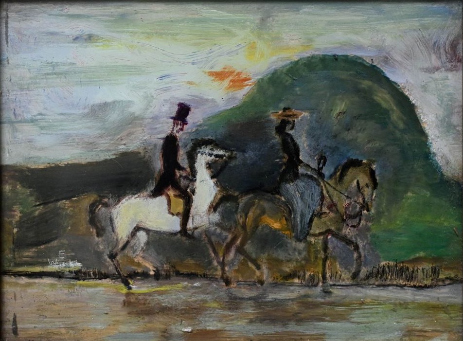 Erich WULZ (1906-1984). Peinture inversée sur verre signée et datée de 1953  au verso et titrée au dos "Salzburg", "Reiterpaar". 11,5 x 15 cm.