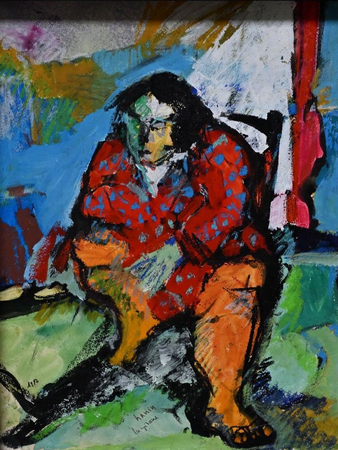Serge Hanin (né en 1945).Technique mixte sur panneau titrée " La gitane " et daté de 1982. 35 x 27 cm. 