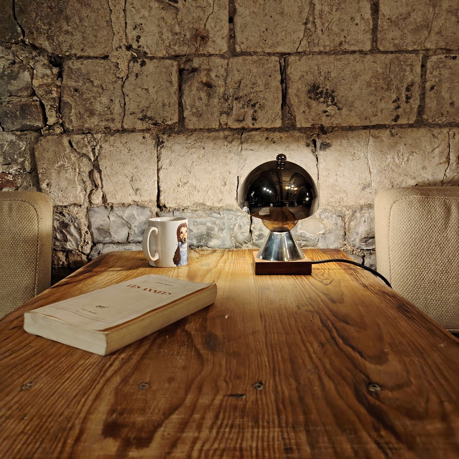 Petite lampe champignon chrome et teck Dans le goût de Jacques Adnet & Gilbert Desny