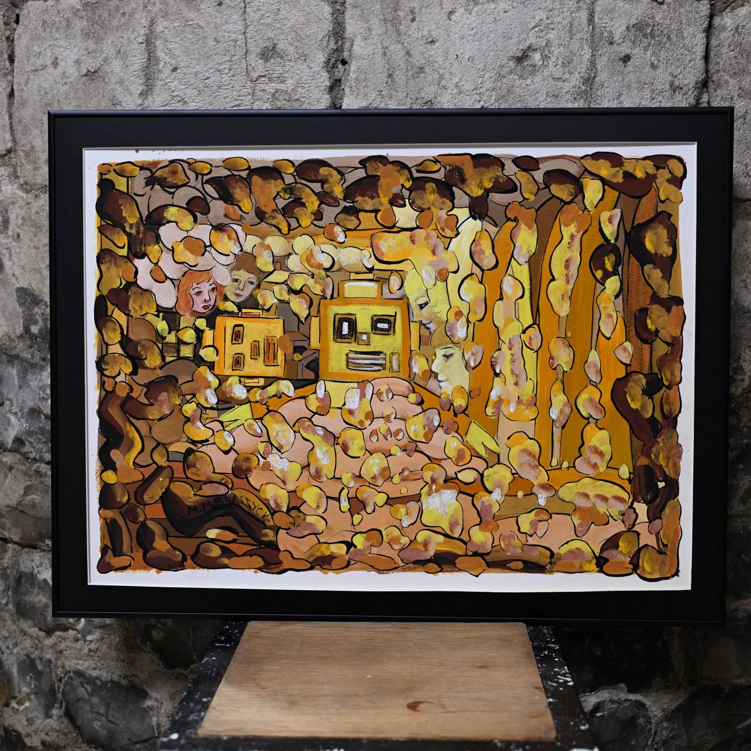 Marie-Madeleine Blaszyck (1904-2003), composition jaune aux personnages. Gouache sur papier. 36 x 51 cm.